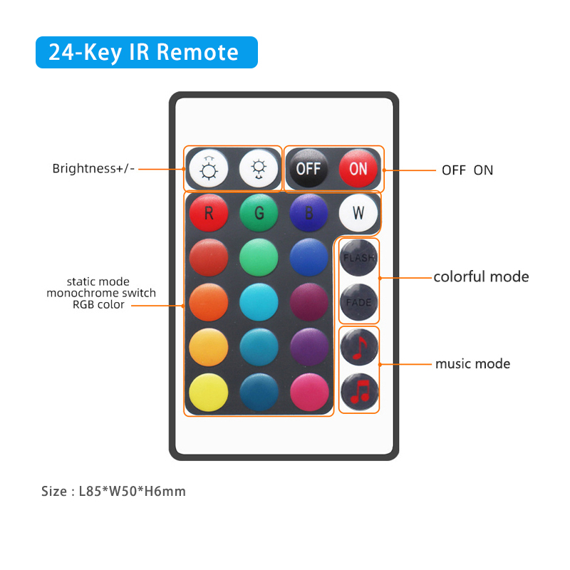 12A LED Strip Light Controller , Sound Sensitive 24 Key IR Remote Controller