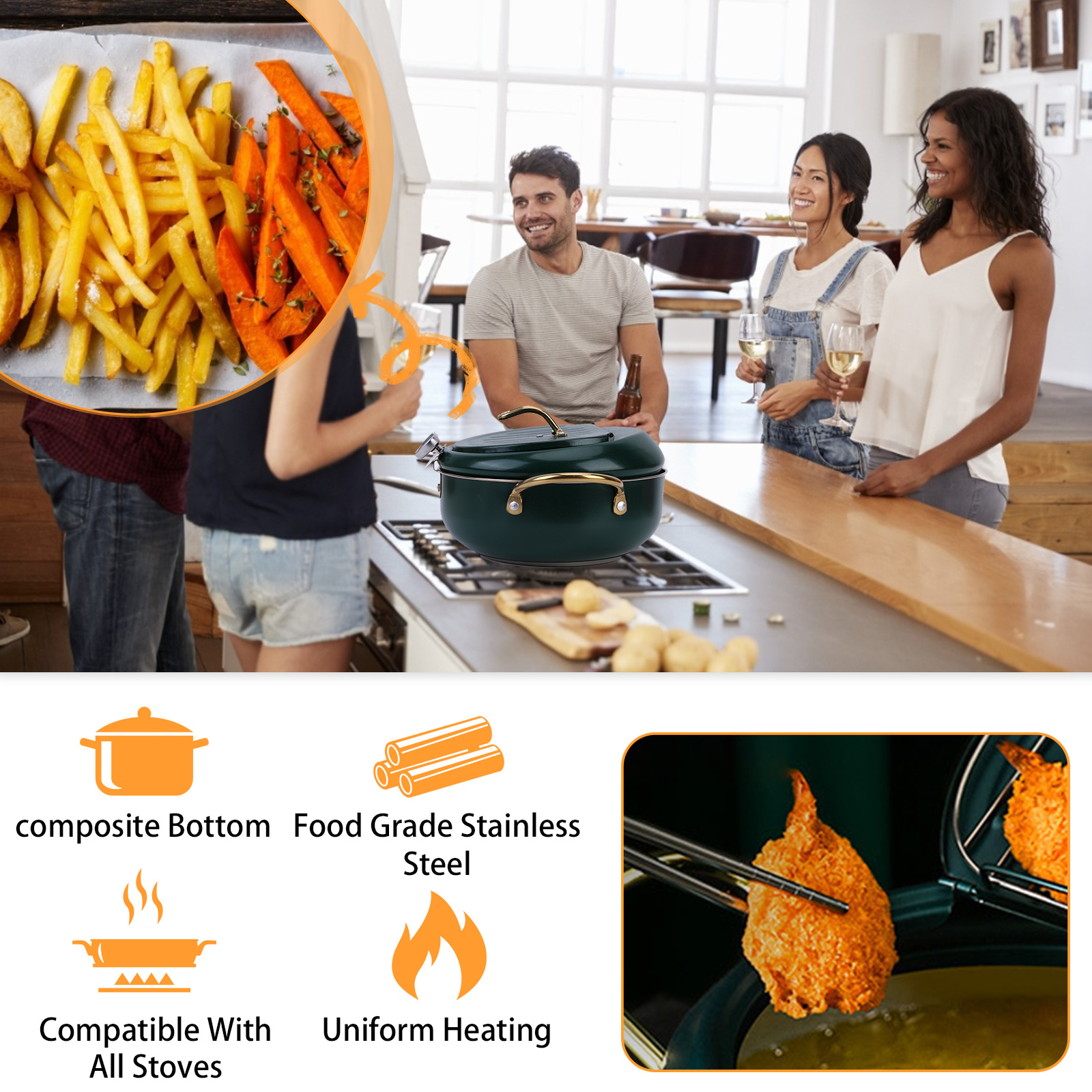 Kitchen Green Deep Frying Pots Temperature Control Stainless Steel Cooking Pot