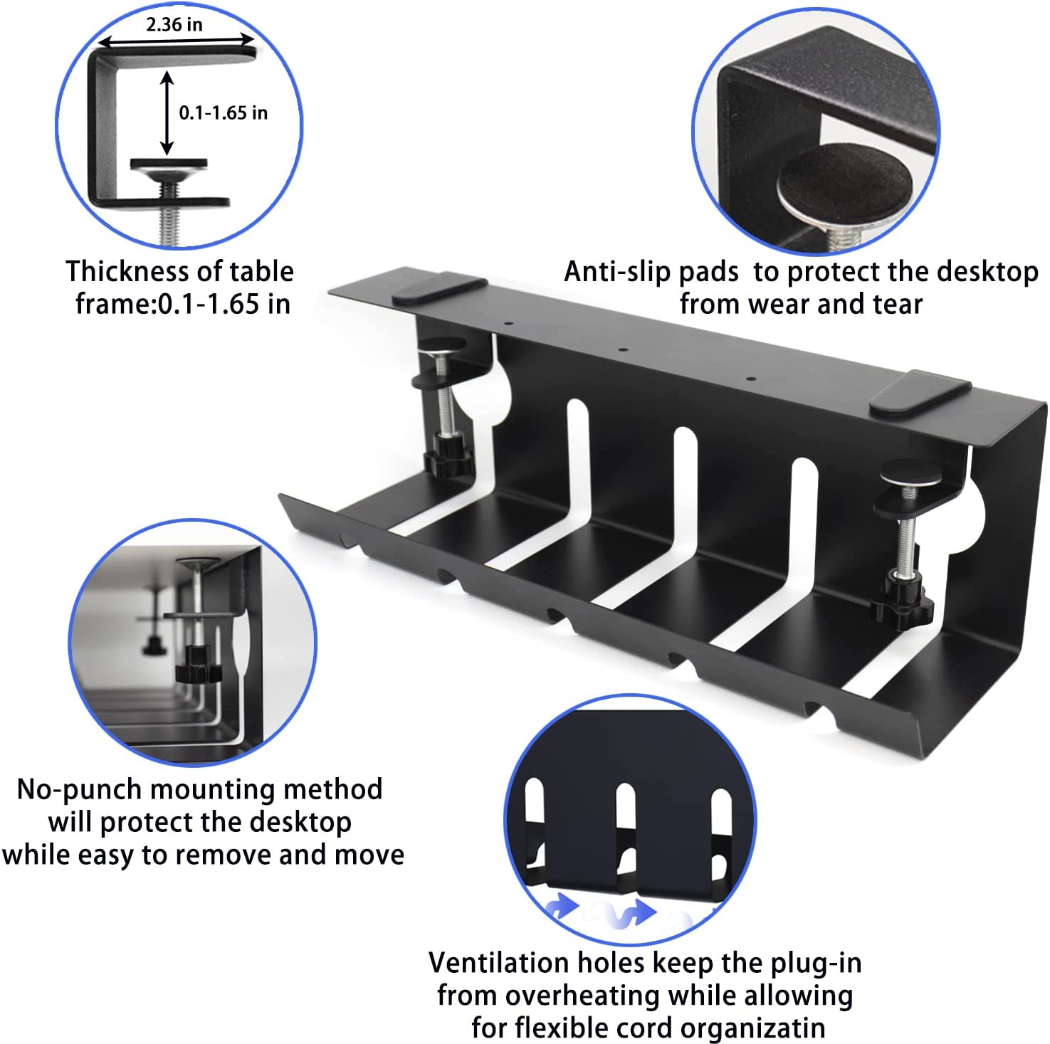 NO Drill Under Desk Cable Organizer Tray Sturdy Wire Management and C CLAMP