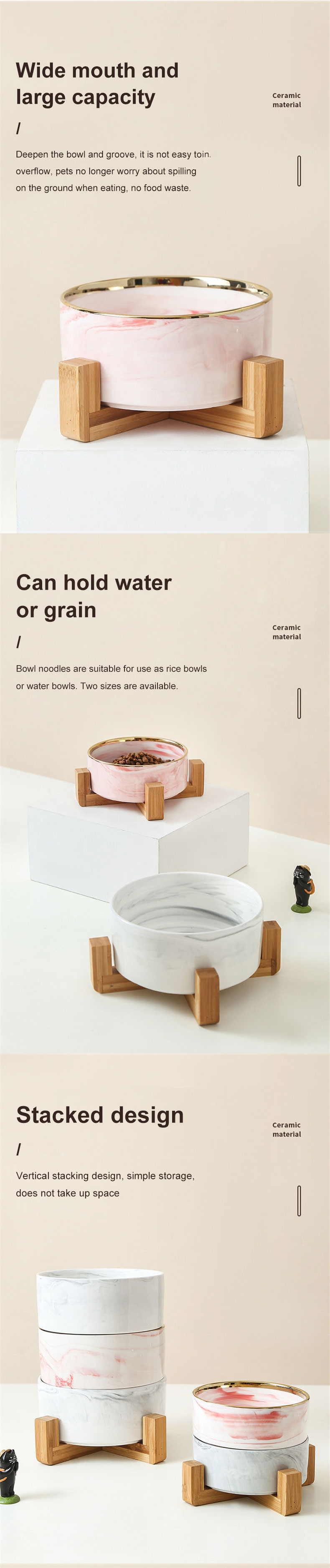 Eco Friendly Marble Ceramic Raised Dog Bowls With Wooden Stand
