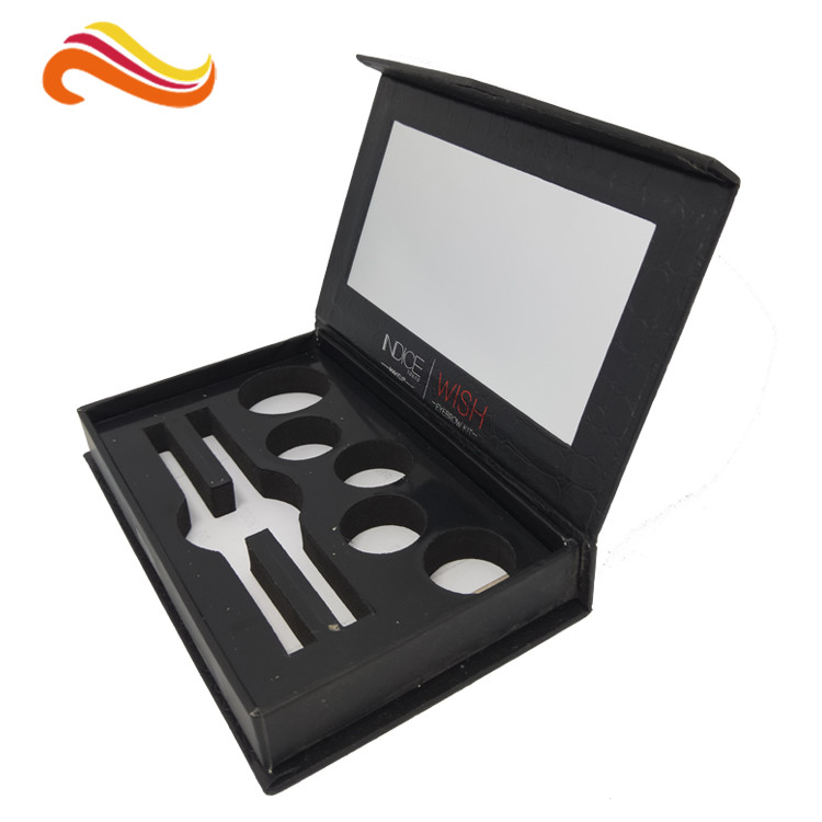 rigid board cosmetic packaging box with mirror , black box with plastic inner logo foil