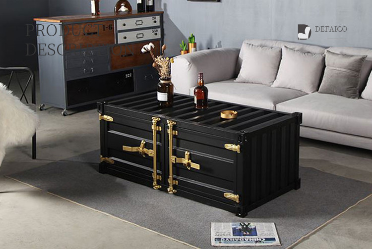Black Iron Metal Shipping Container Coffee Table With Golden Handle