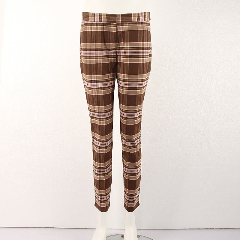 Stockpapa Black And Coffee Half Elastic Waist Plaid Skinny Pants womens