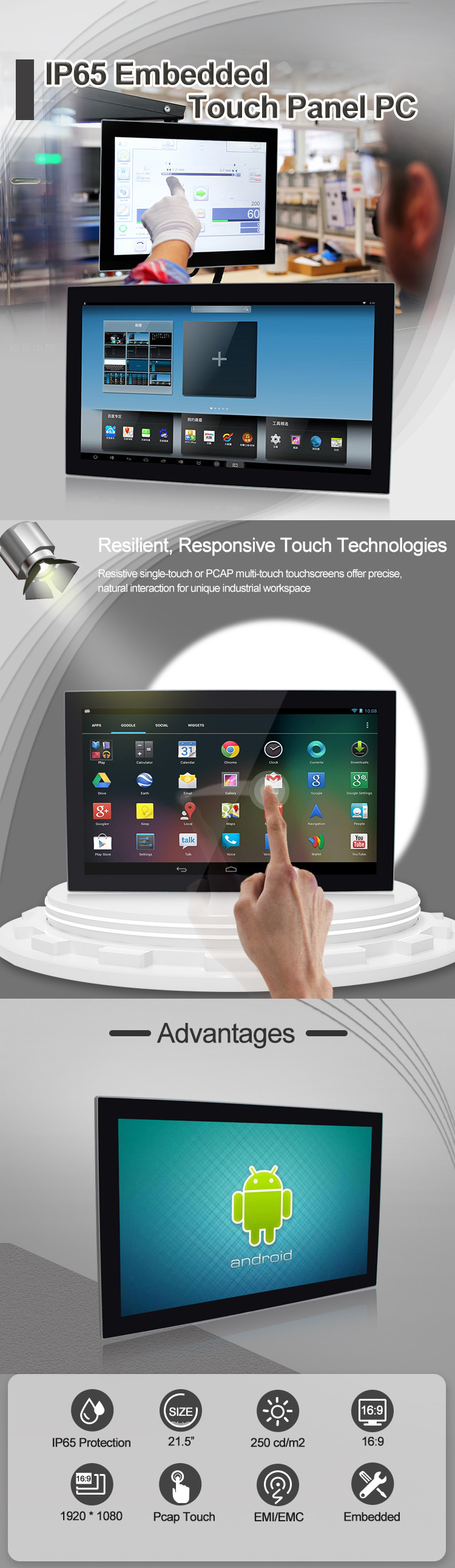 All In One 21.5Inch Android Touch Panel PC For Industrial VESA RK3288
