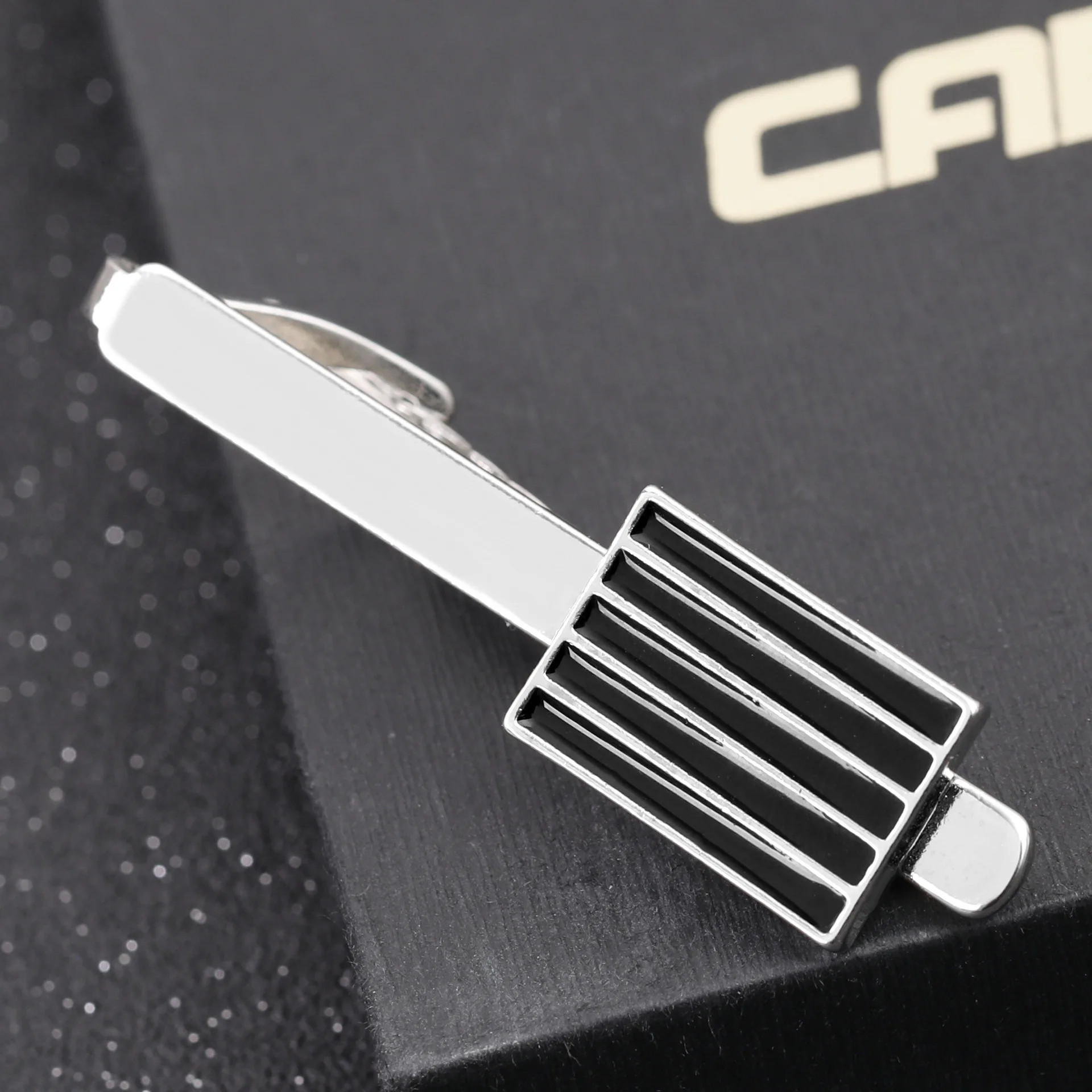 Men's Brass Metal Tie Clip And Cufflink Set With Black Enamel For Wedding Party