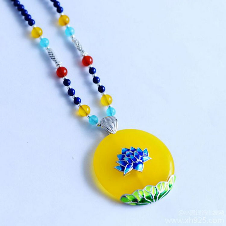 Lapis Lazuli Gemstone Strand Necklace with Enamel 925 Silver Yellow Chalcedony Charm (XH057270W)