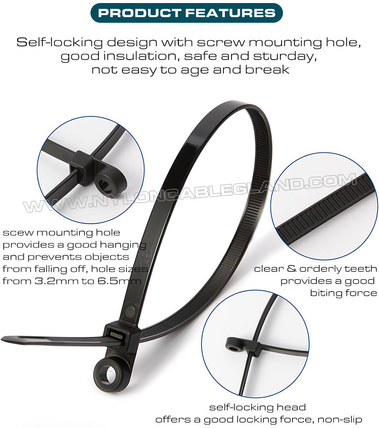 Mountable Head Nylon 6.6 Cable Tie 300mm x 7.6, Plastic Cable Tie 120 lbs with Screw Hole for Indoor & Outdoor