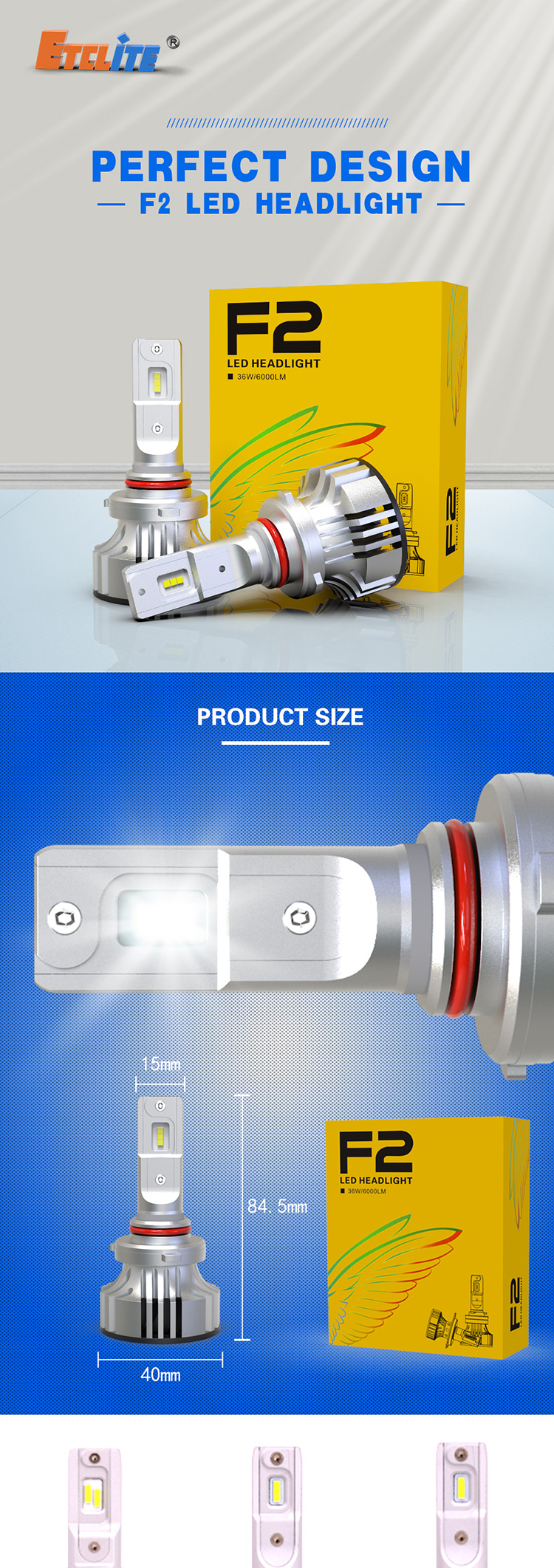 Etclite F2 Wholesale Dual Color 8000 Lumen Mini Car LED Headlight Bulbs