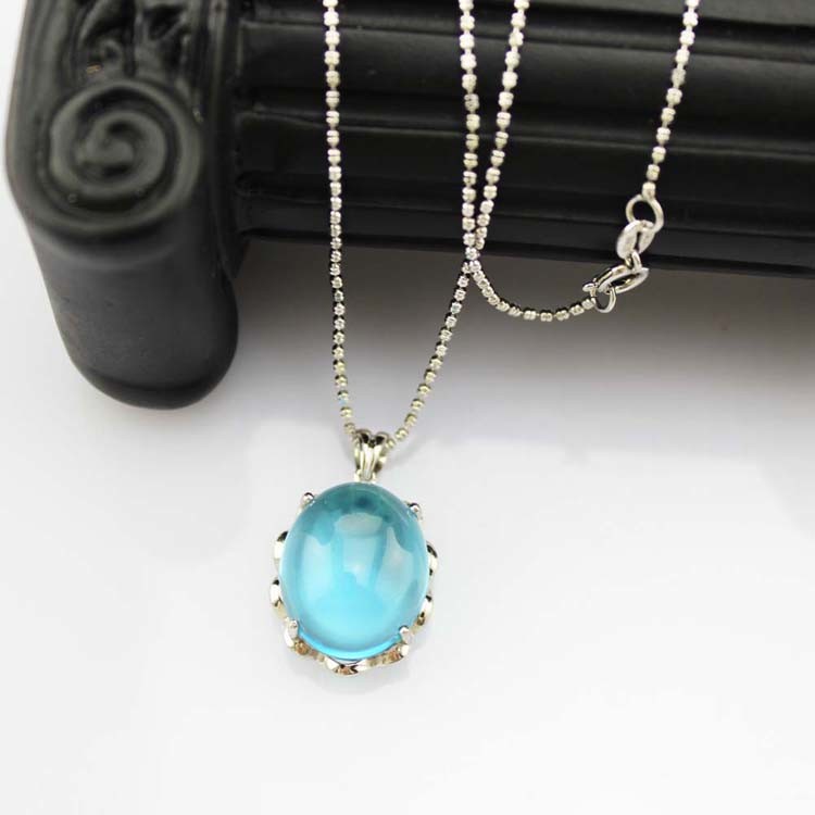 925 Silver Pendant Necklace with Oval Dome Blue Topaz Cubic Zircon (P40)