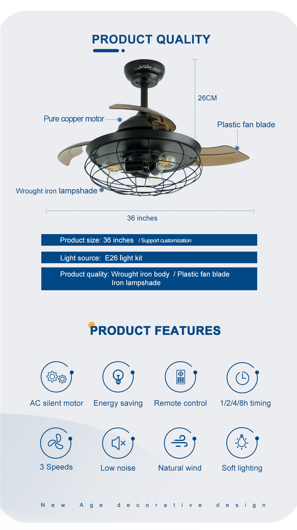 Lower Noise 1stshine Decorative Retractable Ceiling Fan with Remote Control and Light