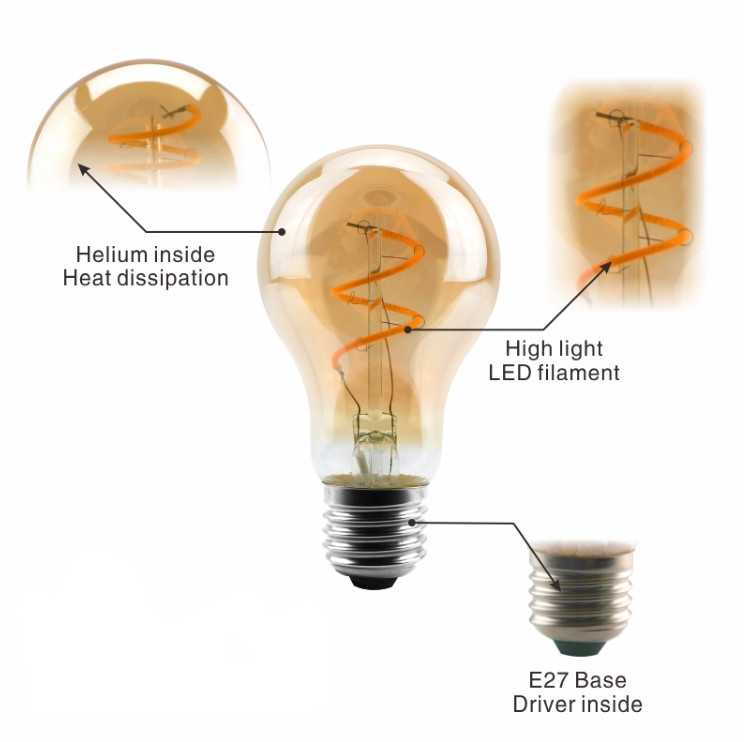 A55 A60 A19 Soft Spiral LED Filament Bulb Amber E27 2w LED Light Bulb