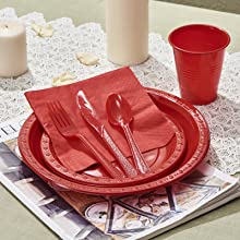 Red Plastic Dinnerware Set Plate Cup Napkin Cutlery Spoon Fork Knife Disposable Party Supplies Set