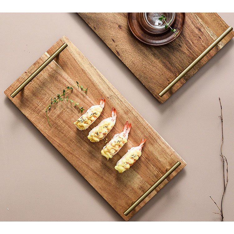 Wooden Serving Tray with Metal Handles, Stylish Farmhouse Decor Serving Platters, Wood Serving Board for Ottoman or Centerpiece