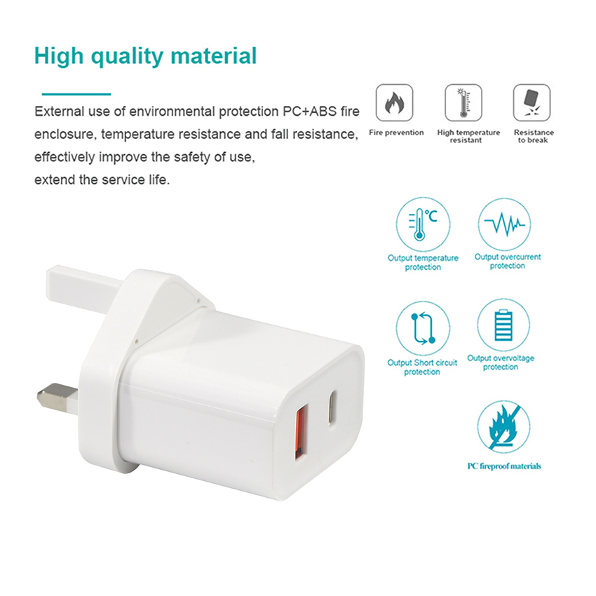 1A+1C USB Travel Charger Quick Charge Type C Fast 30W Wall UK Qc Charging