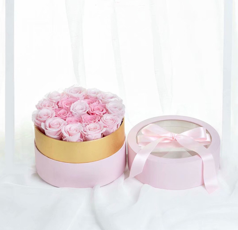 Round Bouquet Corrugated Cardboard Packaging Rose Flower Bucket Boxes Gold Window Opening