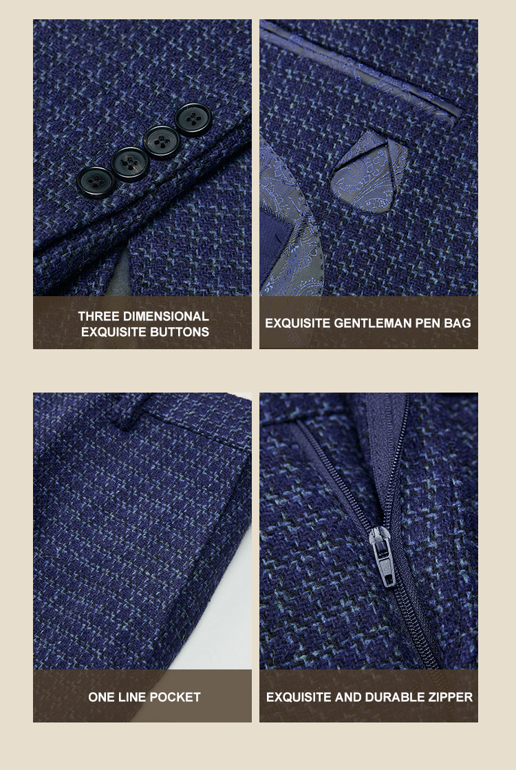 Blue Houndstooth Men's Suit for Business Casual Formal Wear and Groom Wedding Dress