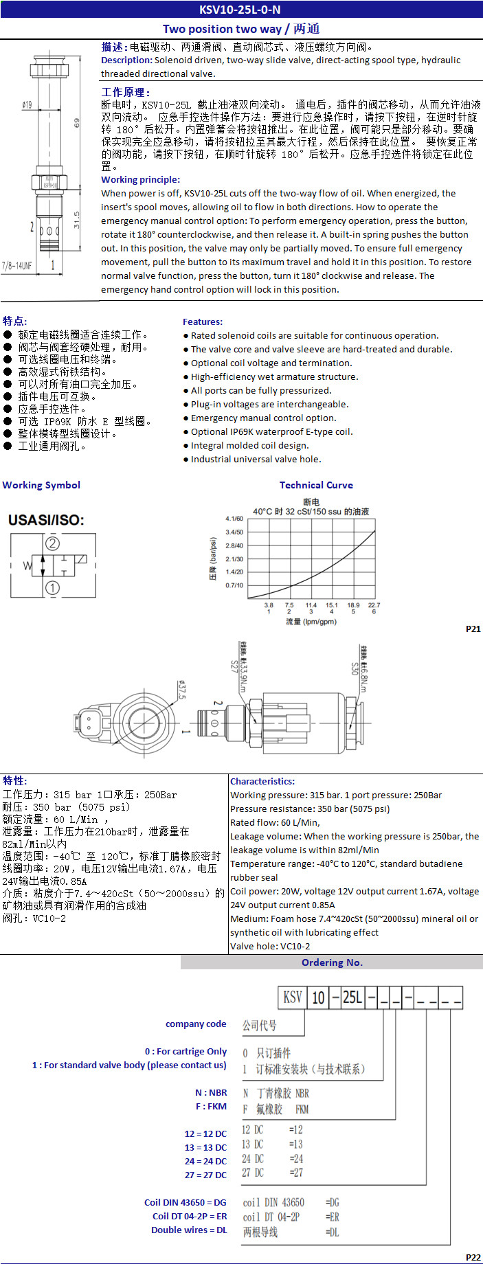 KSF16-22-0-N Standard Cartridge Solenoid Valve Replacement With Two Way Two Position