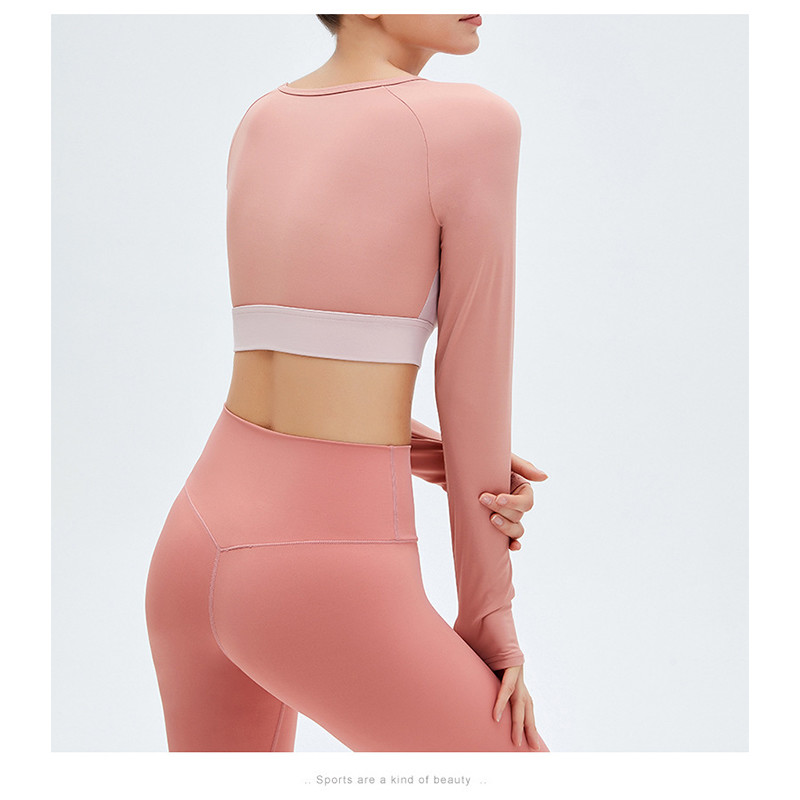 Two Piece Ladies Yoga Tops Long Sleeve Hollow Out Running Crop Top With Bra