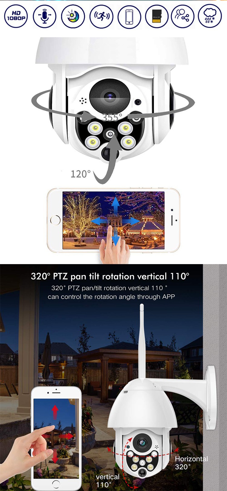 1080P HD Megapixel IP65 Wireless WiFi PTZ Security Camera