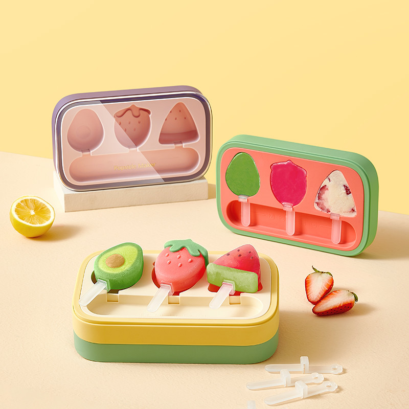 Kids Cartoon Popsicle Molds Non-Stick Flat Design Easy Release Stackable Food-Grade Silicone Ice Pop Cream Molds with Reusable Sticks