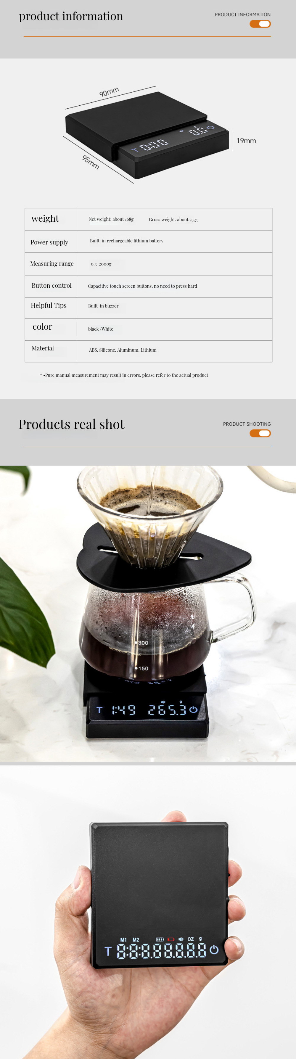 Maximum Weight Recommendation 2kg Rechargeable Chronograph Scale for Waterproof Coffee