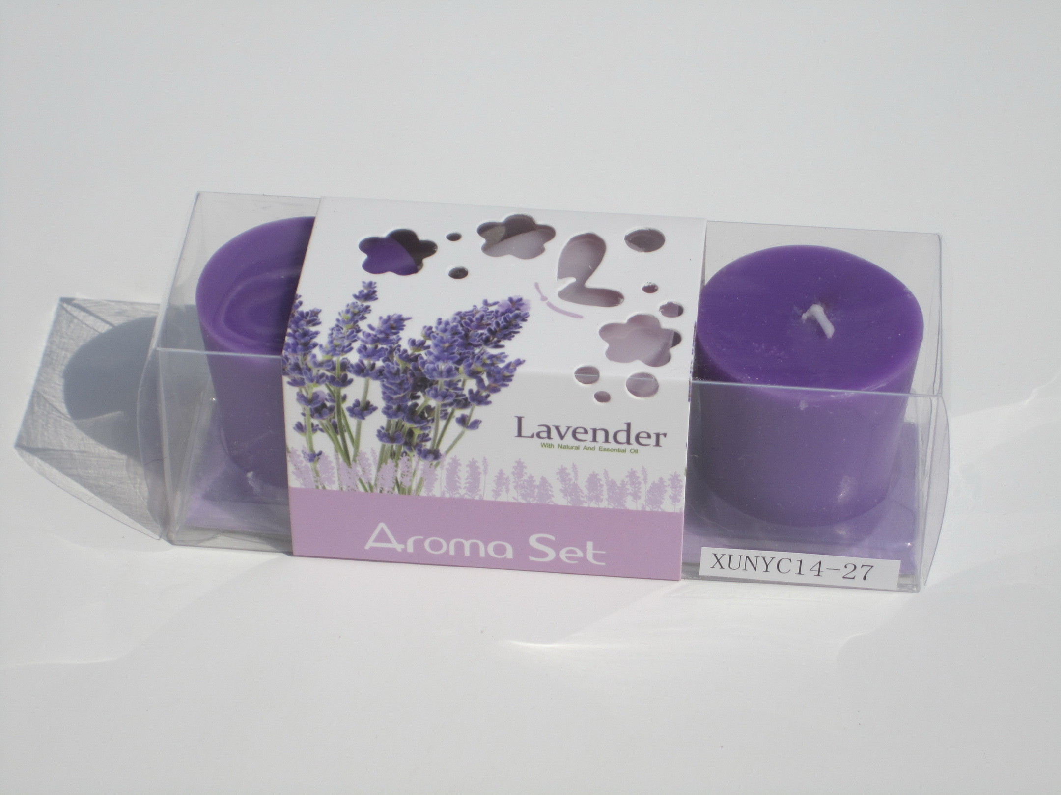 3pk purple & pink lavender fragrance assorted pillar candle with printed wrapping label packed into clear box