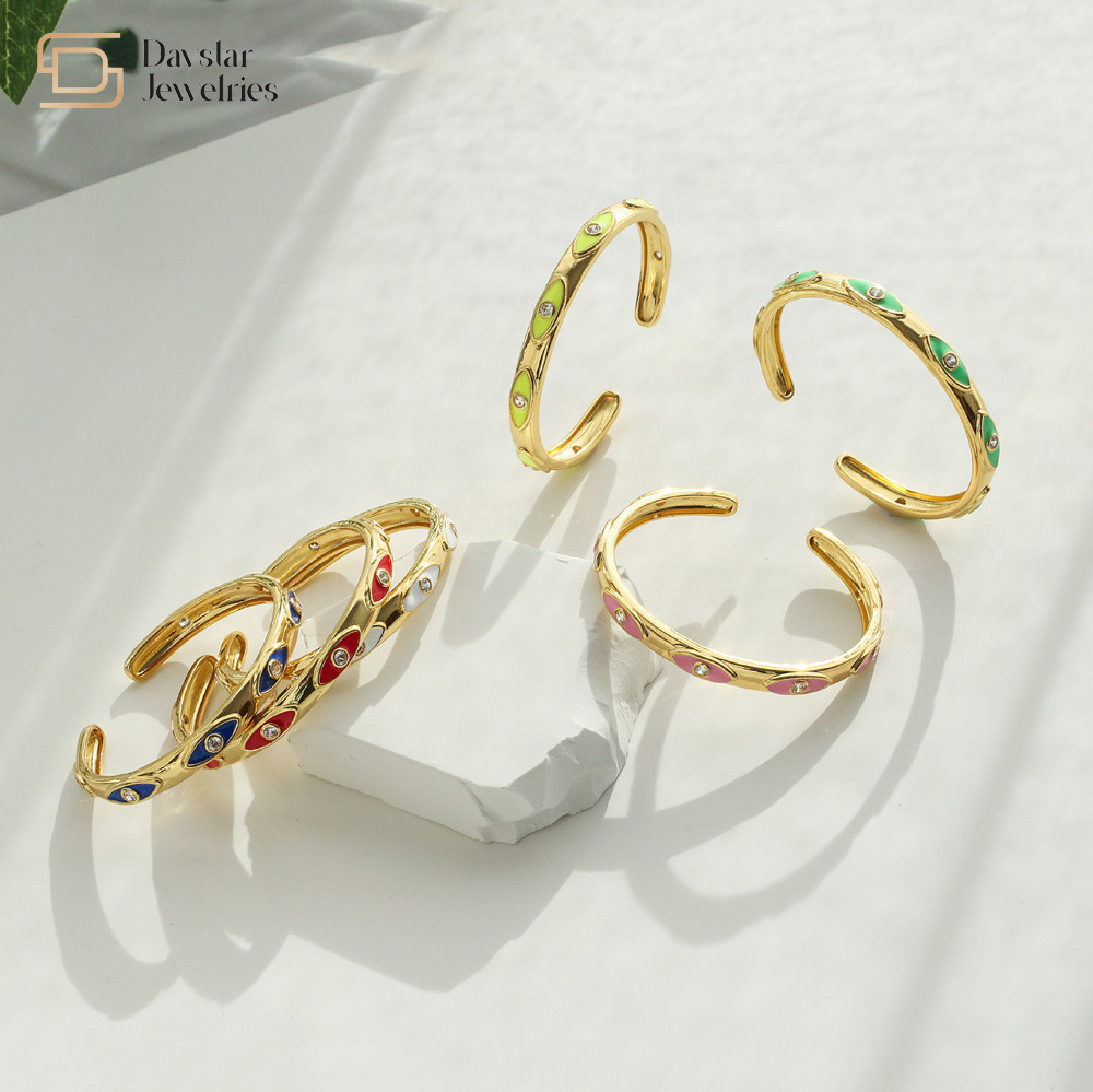 Enamel Evil Eye 18k Gold Bangle Diamond Zircon Adjustable Open Bracelets Jewelry