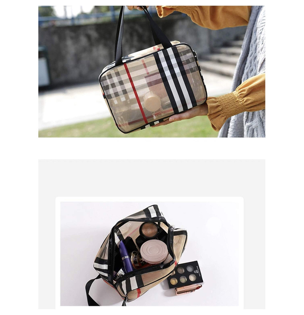Travel Khaki PVC Stripe Mesh Makeup Bag For Women