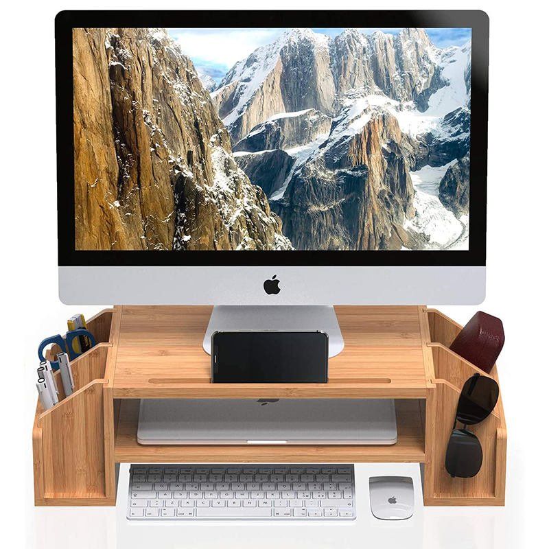 Computer Desk Organizer with Storage Bins Double Layer Bamboo Design OEM/ODM Accepted