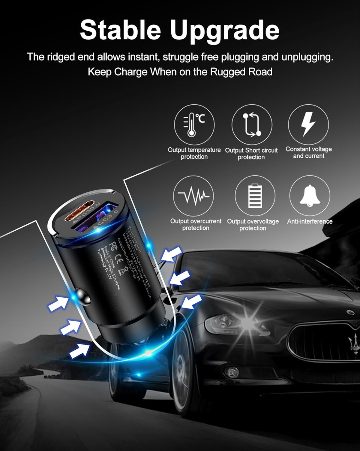 USB C Car Fast Charger 30W Mini Cigarette Lighter Adapter Dual Port PD QC 3.0 Type C