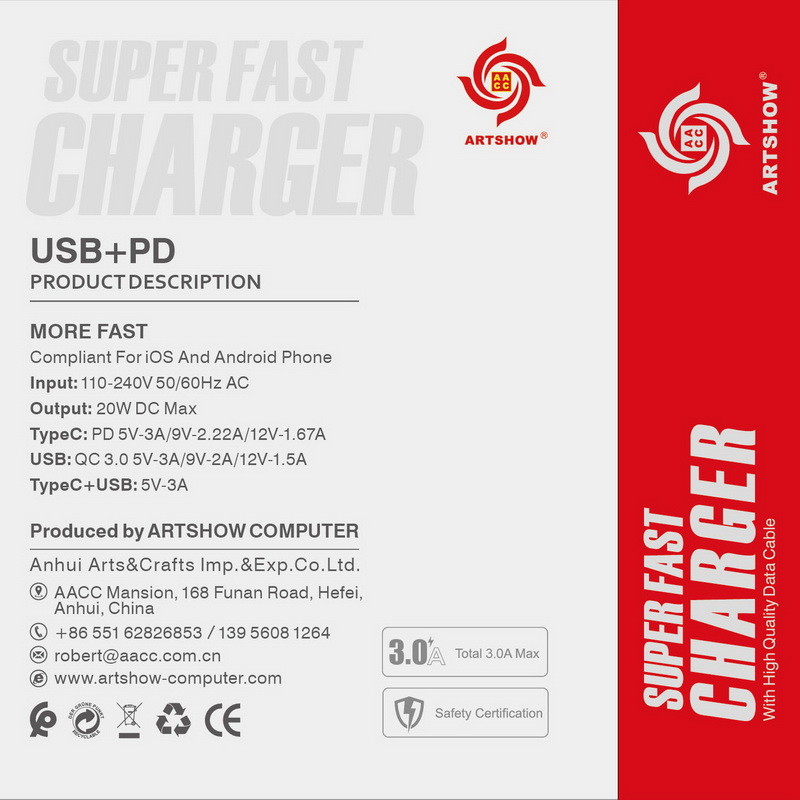 QC3.0 Super Rapid Cell Phone Charger Adapter Dual Ports PD 20w