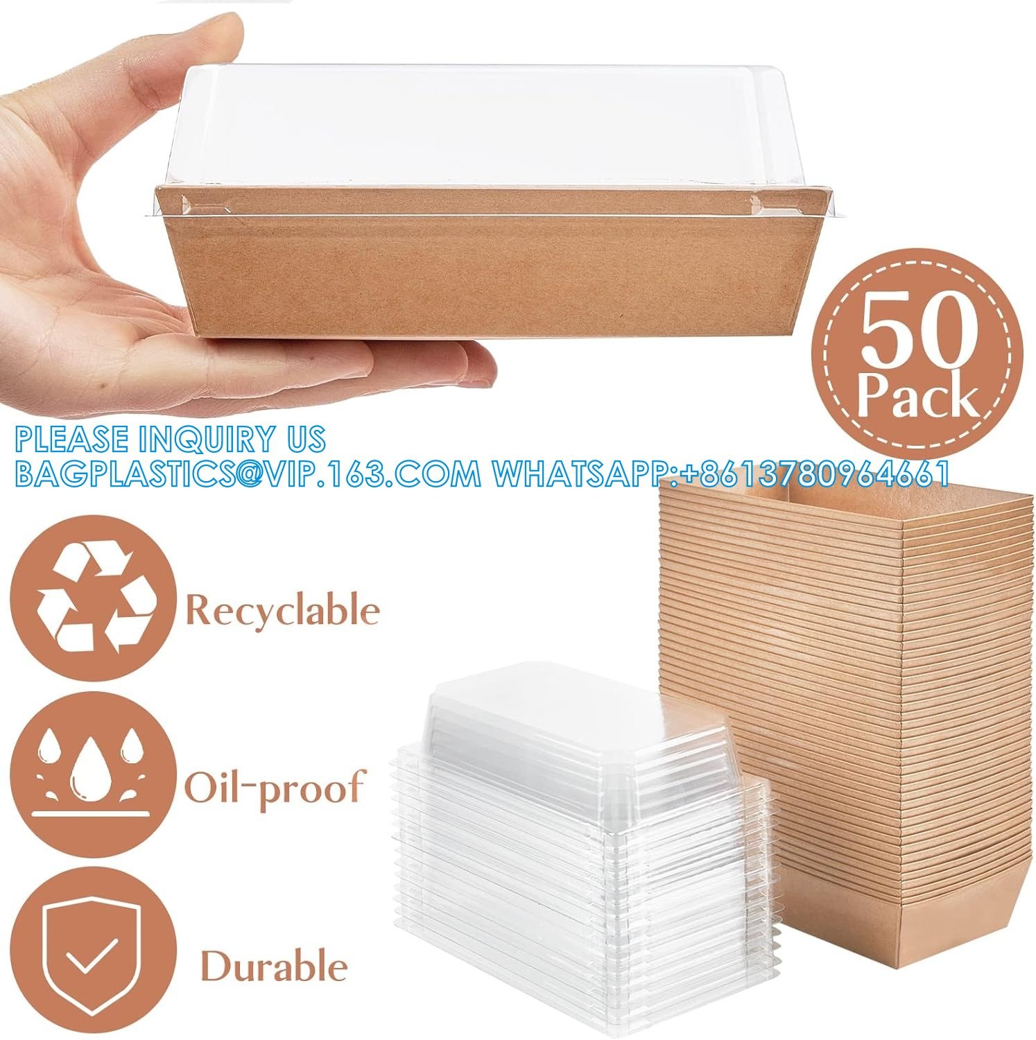 Paper Charcuterie Boxes With Clear Lids, 50 Pack Disposable Sandwich Containers, Small Kraft Bakery Treat Boxes