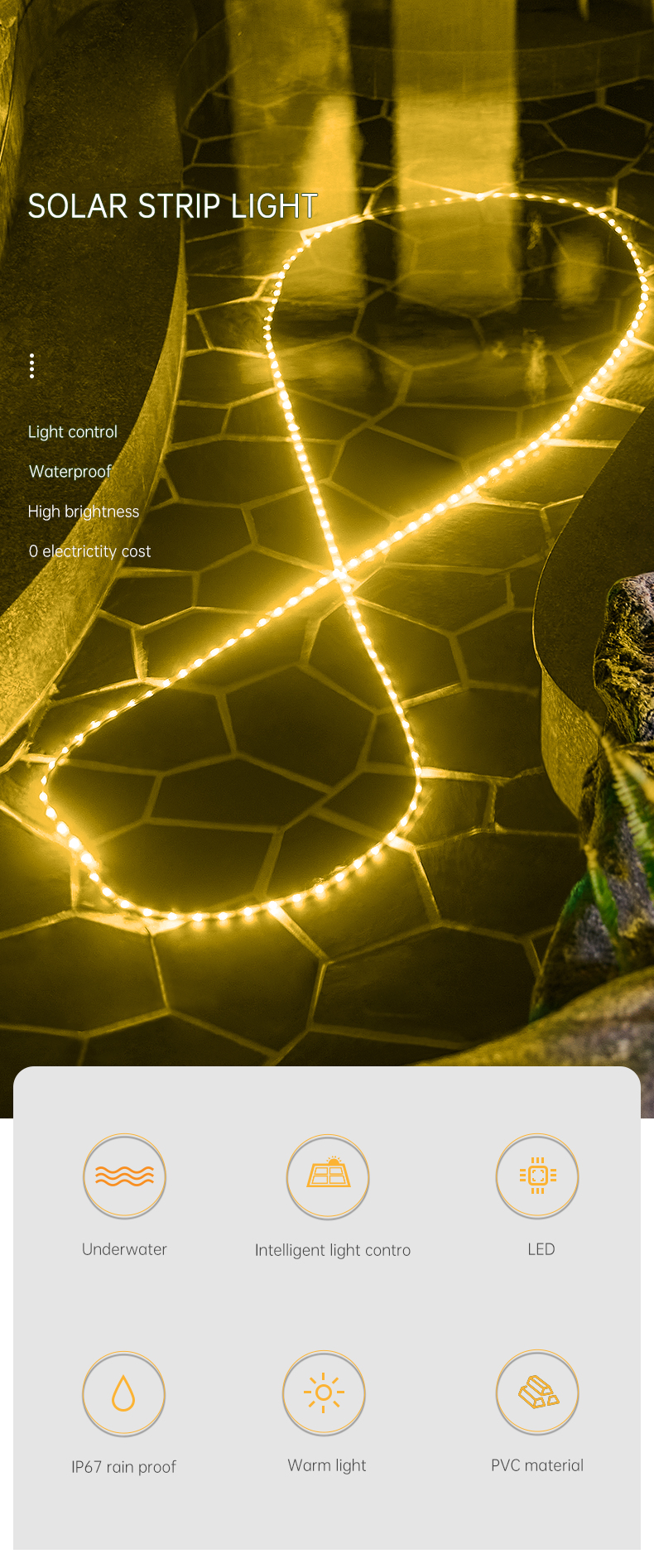 SMD 5050 LED Solar Strip Light , IP67 Flexible Decorative Rope Lights 3500K