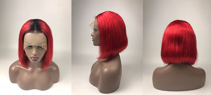 Red Colored 100% Brazillian Human Hair Lace Front Bob Wigs No Foul Odor