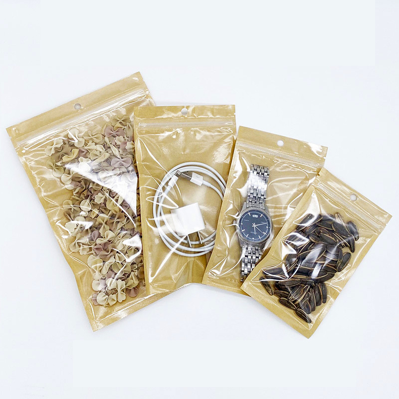9x15cm Heat Seal Smell Proof Plastic Clear Front Brown Kraft Paper Flat Zipper Bags for Food Packaging with Hanging Hole