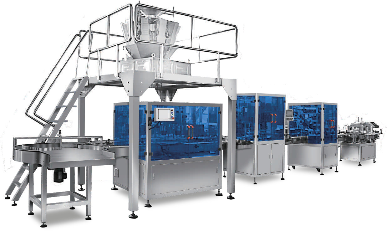 Horizontal Flow Automatic Packaging Line Granules Weighing Bottling Capping
