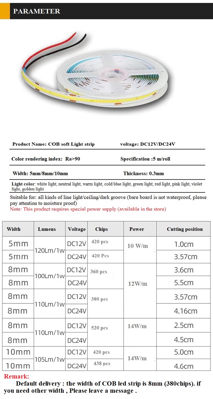IP20 12V 24V Flexible COB Led Strip Light 8mm 320Leds Orange Waterproof Strip Light 3
