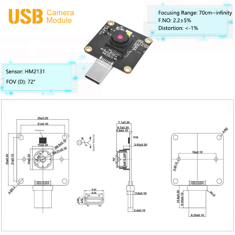 Micro USB-C 1080p HM2131 Sensor FF Camera Module