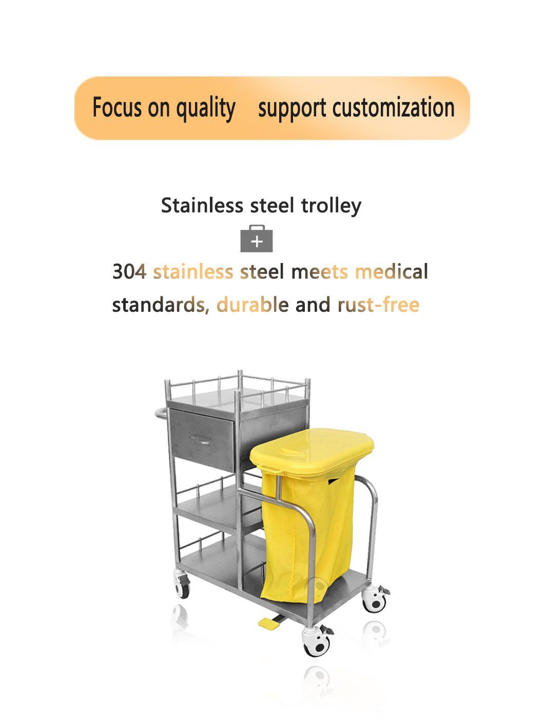 Hot Sale Stainless Steel Morning Care Trolley with Large Capacity Dirt Bag and Brake Casters