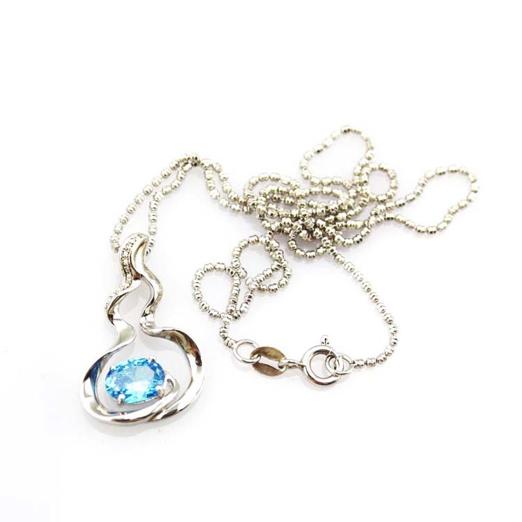 925 Silver Bead Chain Oval 6x8mm Blue Cubic Zircon Pendant Necklace(P34)