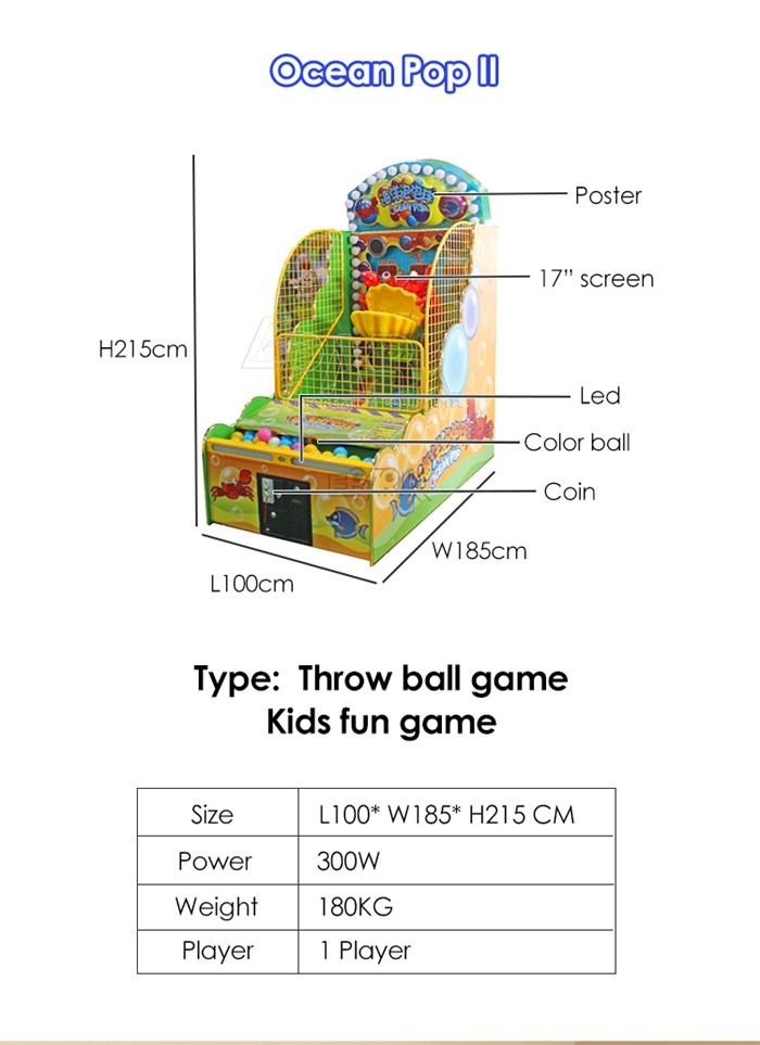 Kids Amusement Game Machines Throw Ball Coin Operated Ocean Pop II For Two People