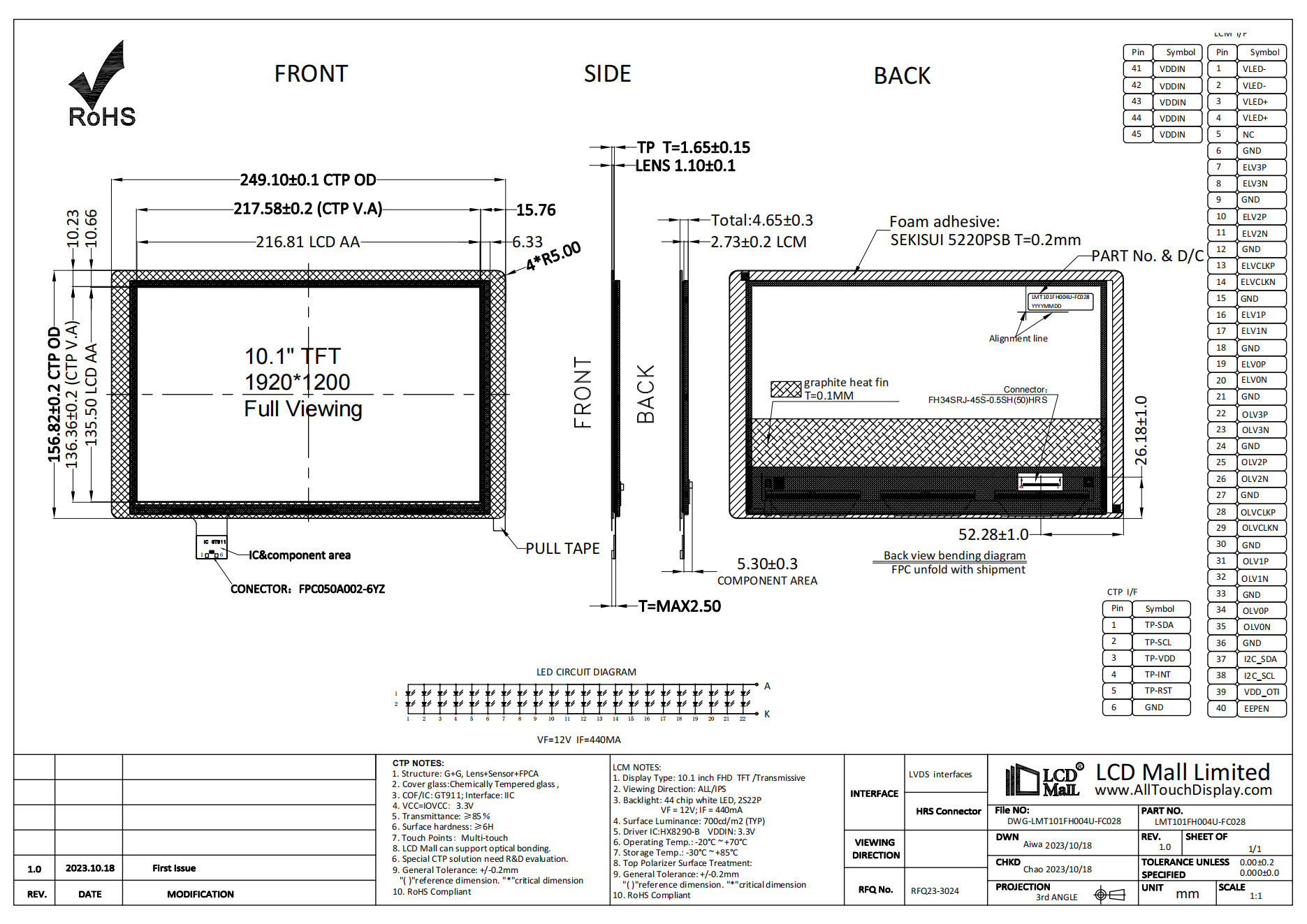 700nits High Brightness LVDS TFT LCD Display 10.1 Inch OEM ODM 1920x1200
