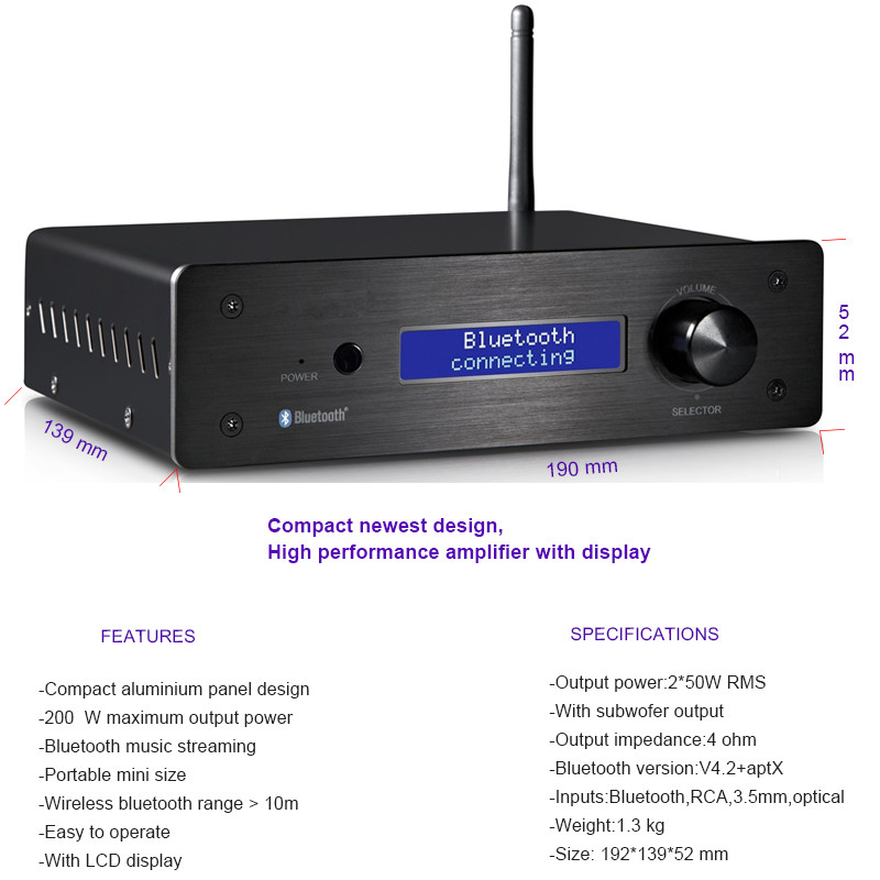 2 Channel Home Theater Wireless Audio Amplifier Class D Amp With Subwoofer Output