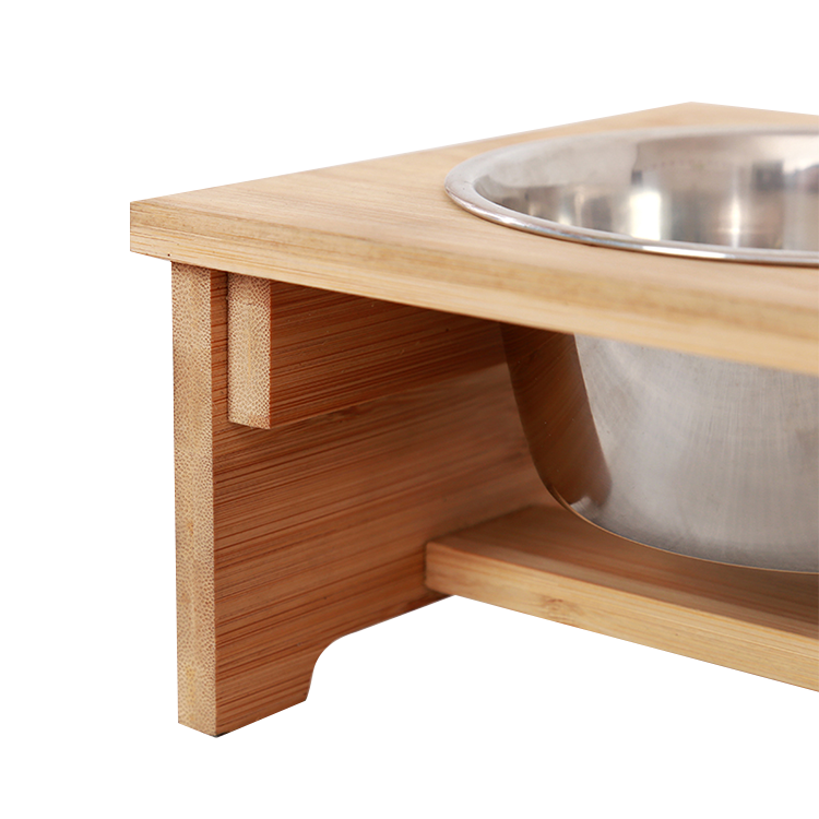 Hollow Pattern Bamboo PET Feeder Stand Stainless Steel Bowls for Dog
