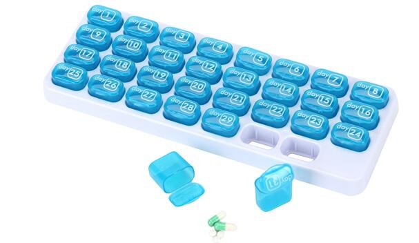 28 compartment column shape plastic pill storage box with pill crush box, Conventional eco-friendly 4 grids plastic trav