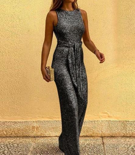 Custom Clothing Factory China Round Neck Sleeveless Sequined Backless Jumpsuit