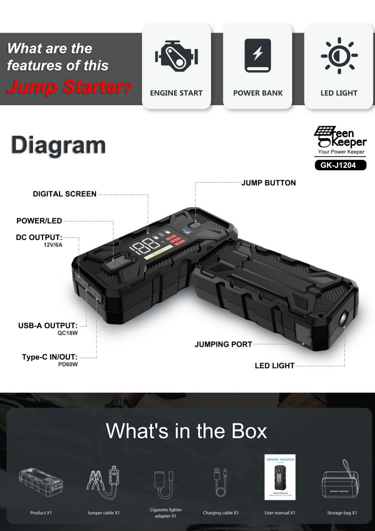 Small Cars Jump Starter 20000mah 12v Portable Emergency Power Bank for Car Battery Jumper
