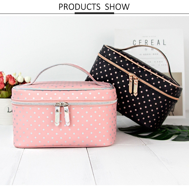 Dot Pattern Double Zipper 205*135*125mm Travel Makeup Organizer