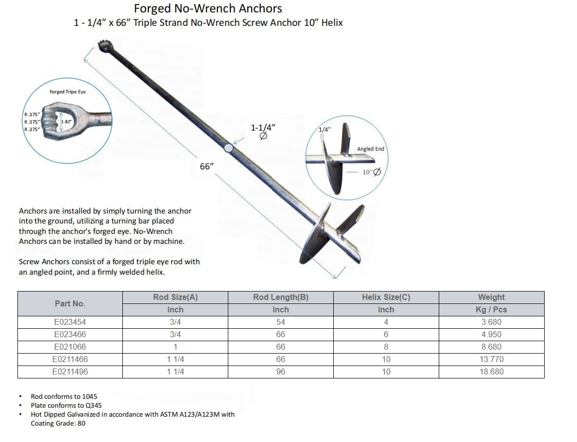 Forged No Wrench Anchors 1-1/4''x 66 '' Triple Stand No Wrench Screw Anchor 10'' Helix