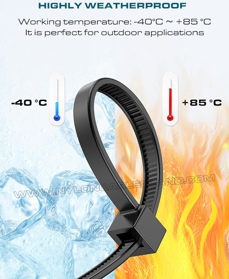 UV Resistant Black Polyamide 6.6 Cable Tie Plastic Zip Tie 200mm x 4.8 (22kgs, 50lbs) for high UV Environments
